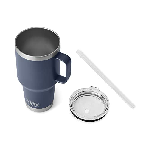 YETI Rambler 35 oz Tumbler with Handle and Straw Lid, Travel Mug Water Tumbler, Vacuum Insulated Cup with Handle, Stainless Steel, Navy - color: Navy, style: 35oz