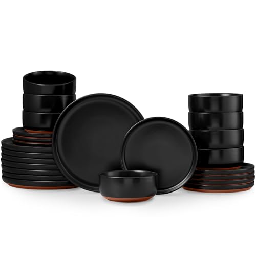 E-far 24-Piece Stoneware Plates and Bowls Sets, Dinnerware Sets for 8, Ceramic Dishware Dishes Set with Terracotta Base, Chip & Scratch Resistant, Microwave & Dishwasher Safe, Matte Black - color: Matte Black, size: Service for 8