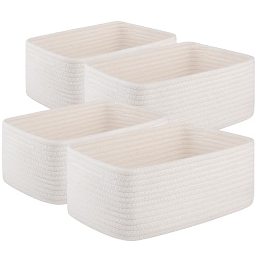 OIASKET 4 Pack Small Storage Shelf Baskets for Organizing, Mini Woven Rope Storage Bins for Towels, Cute Decorative Closet Organizer，Baby Nursery, Gift Empty Baskets -11.81''Lx7.87''Wx4.72''H-White - color: White, size: 11.81"Lx7.87"Wx4.72"H