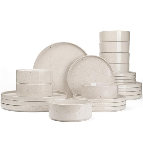 Famiware Nebula 24-Piece Stoneware Dinnerware Set, Creamy White | Plates and Bowls with Reactive Glaze and Colorful Speckles, Chip & Scratch Resistant, Microwave & Dishwasher Safe - color: Creamy White with Colorful Speckles, size: Service for 8 (Standard