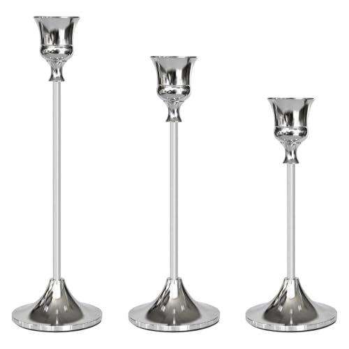 Set of 3 Candlestick Holders, Silver Taper Candle Stick Stand, Detachable | Scratch-proof felt base protects surfaces. Ideal for weddings, Christmas & everyday home decor. - color: Silver