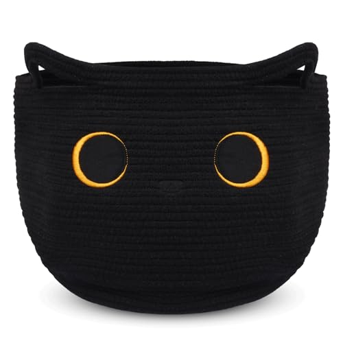 Cute Black Cat Round Basket - Cotton Rope Baskets Large Baby Laundry | Blasket for Nursery, Woven Blanket Basket Hamper With Handle Toy Storage Basket for Gifts, Baby Shower 14 ×12 inchs 30.5L - color: Black, size: 14 × 12 inches