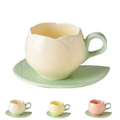 Ceramic Tulip Coffee Mug With Saucer Set, Comfortable Handle Tulip Flower Cup, Smooth Surface Heat-resistant Tea Cup For Office And Home (Yellow A) - color: Yellow A