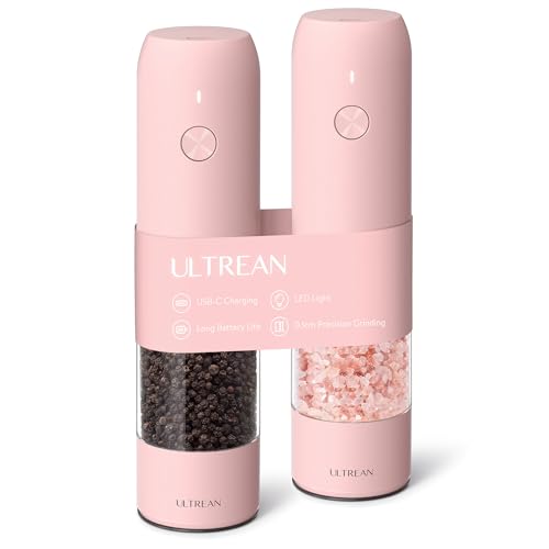 Ultrean Pepper Grinder, Rechargeable Salt and Pepper Grinder with 6 Adjustable Coarseness, LED Light, Automatic Grinder for Kitchen, Cooking Gifts for Women Valentines Day Gifts for Her, Pink - color: Pink