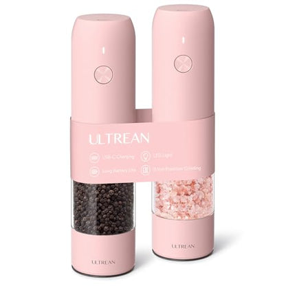 Ultrean Pepper Grinder, Rechargeable Salt and Pepper Grinder with 6 Adjustable Coarseness, LED Light, Automatic Grinder for Kitchen, Cooking Gifts for Women Valentines Day Gifts for Her, Pink - color: Pink
