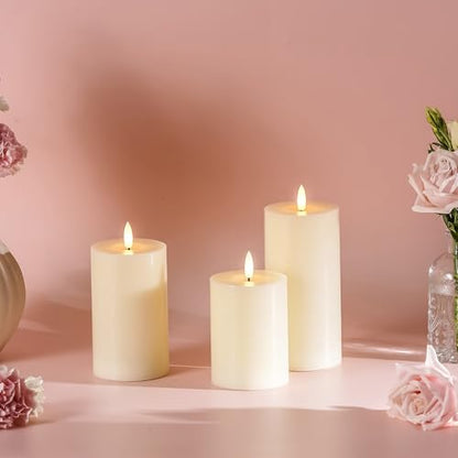 Stmarry Ivory Flameless Candles with Remote and Timer, Real Wax Made LED Pillar Candles Battery Operated with 3D Flickering Flame - 3" x 4",5",6" - Set of 3 - color: Ivory