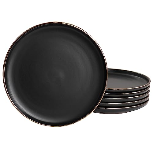 with Gold Stoneware Salad Plate 6 Piece Set Black Solid Modern Contemporary Round Dishwasher Safe