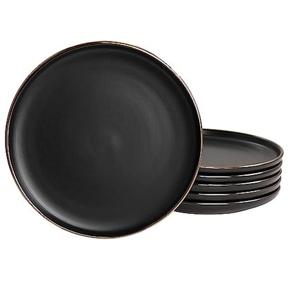 with Gold Stoneware Salad Plate 6 Piece Set Black Solid Modern Contemporary Round Dishwasher Safe