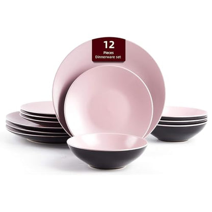 Stoneware Two-Tone Colors Life 12pc Dinner Set，Outside Shiny Black + Inside Matte Glaze Rose - color: Rose, size: 12pc Set