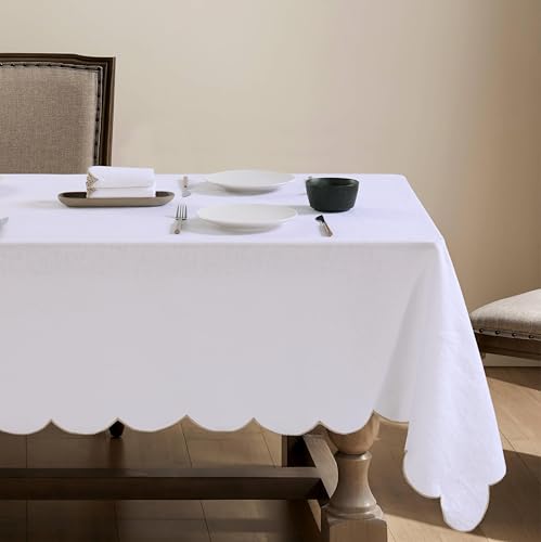 100% Pure Linen Scalloped Embroidery Rectangle Tablecloths 84Lx60W Inch for Dinners, Parties, Spring, Easter, Machine Washable, 6-8 Sets, 60''x84'', White(Edges-Gold) - color: White(edges-gold), size: 84" x 60" (Rectangular)