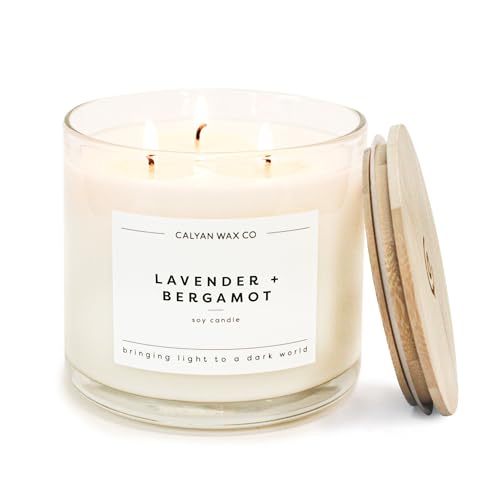 Lavender & Bergamot 3 Wick Scented Candle - 43 Hour Burn | Made in the USA Luxury Clean Soy Wax Candles - Long Lasting Large Glass Jar Candle for Home - 3 Wicks - 14.9oz - color: Lavender + Bergamot