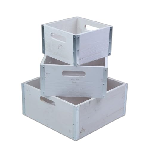 wald imports - Set of 3 Rustic Whitewash Wooden Crates for Storage - Decorative Wooden Crate Set for Home Decoration & Display - Vintage Storage for Household Goods - color: White Galvanized Metal Trim