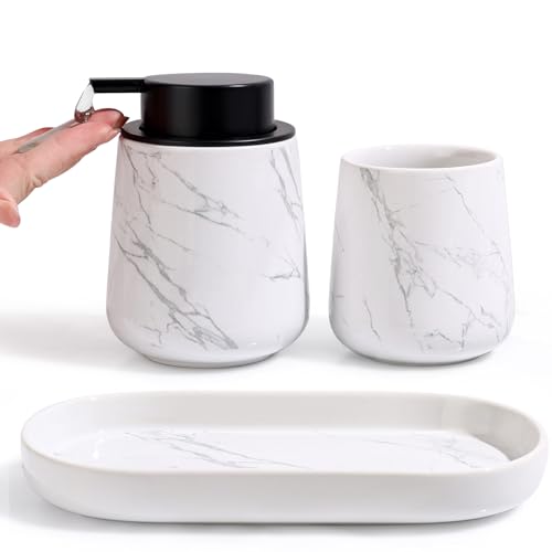 BosilunLife Ceramic Bathroom Accessories Set 3 Pcs | Liquid Soap Dispenser and Toothbrush Holder with Tray, Modern Farmhouse Vanity Decor, Narble Pattern Housewarming Gift - color: Marble, style: liquid