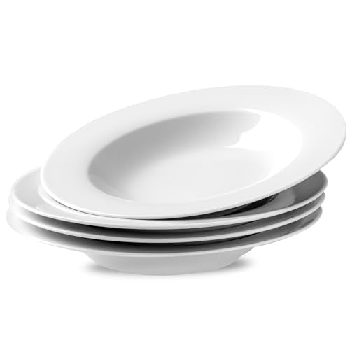 Ceramic Soup Bowls Shallow Plates, Halloween 4 Pack White Dinner Bowls Plates, Porcelain Wide Rim, 8.5" (8.5 oz) Shallow Bowls Ideal for Soup Dessert Salad and Pasta, Microwave and Dishwasher Safe - color: Round8.5"