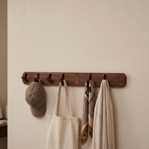 Fenteer Wall Hook Coat Rack Hanger Peg Rail Solid Wood Foldable Hooks Peg Design With Engraved Bottle Shapes Suitable for entryway hallway foyer mudroom cabin, Art Antique Bottle 8 Hooks Color Block