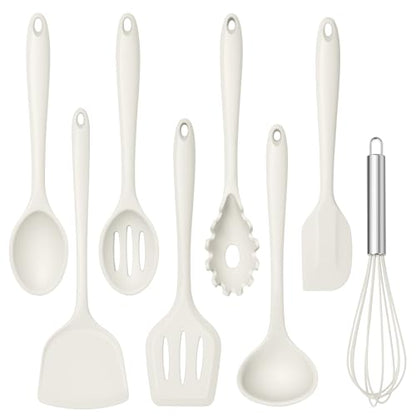 TeamFar Silicone Cooking Utensils Set, 8 PCS Kitchen Utensils Set, White | 446°F Heat Resistant Turner, Spatula, Spoon, Whisk, Kitchen Cooking Gadgets Tools, for Nonstick Cookware, Dishwasher Safe - color: White