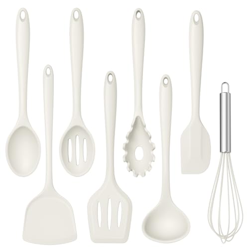 TeamFar Silicone Cooking Utensils Set, 8 PCS Kitchen Utensils Set, White | 446°F Heat Resistant Turner, Spatula, Spoon, Whisk, Kitchen Cooking Gadgets Tools, for Nonstick Cookware, Dishwasher Safe - color: White