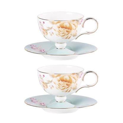 KAMMAK Tea Cups Set of 2,Ceramic Floral Pattern Demitasse Cup | Porcelain Espresso Cup with Saucer, 7.44 oz Handmade Elegant Bone China Tea Cups for Latte, Americano, Cappuccino - color: Spring Fragrance