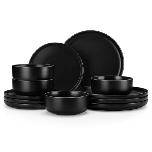 MALACASA 12 Pcs Porcelain Plates and Bowls Sets,Dinnerware Set for 4,Black | Modern Ceramic Dishware Set,Kitchen Dining Ware,Microwave and Dishwasher Safe,Simple Matt Black Design,Series LUNA - color: Black, size: 12 Pcs (Service for 4)