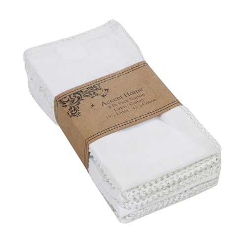 ACCENTHOME White Cloth Napkins Set of 6 18x18 inch Cotton Dinner Napkins - Washable Soft Premium Hotel Quality Reusable Napkins Perfect Table Napkins for Family Dinners, Weddings & Everyday Use | Cotton Linen Blend Napkins, Machine Wash On Gentle Cycle, E