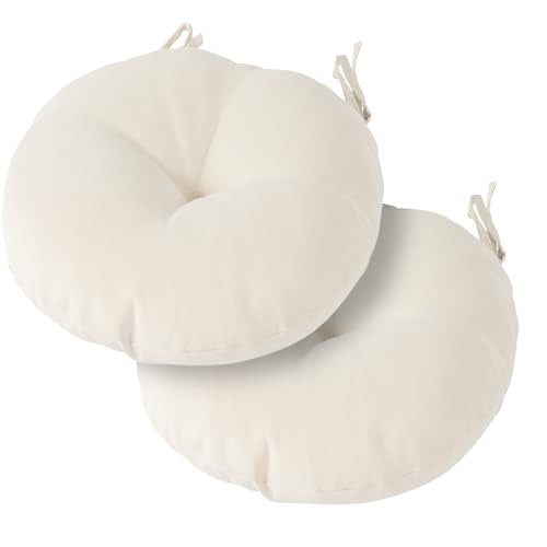 Magpie Fabrics Outdoor 15"x15"x4" Round Bistro Seat Cushions with Ties Set of 2, Tufted Waterproof Patio Floor Chair Pads for Home Garden Balcony Kitchen Office Porch, Recycled Cream White - color: Recycled Cream White