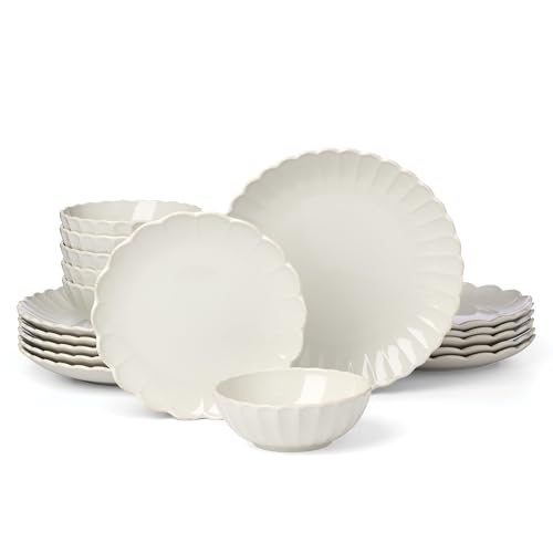 Lenox French Perle Scallop White Stoneware 18-Piece Dinnerware Set for 6 | dishwasher safe | plates and bowls sets for kitchen and dining | 11 inch plate, dish set, dishes | 2.25 inch, 16oz - style: 18-Piece Dinnerware Set