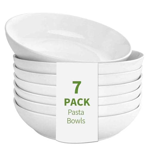 DeeCoo 7 Pack Porcelain Pasta Bowls Ceramic , Large Serving Bowl, Wide and Shallow, Set 8.3 Inch - 30 Ounce - for Pasta, Salad, Cereal, Soup & Microwave & Dishwasher Safe