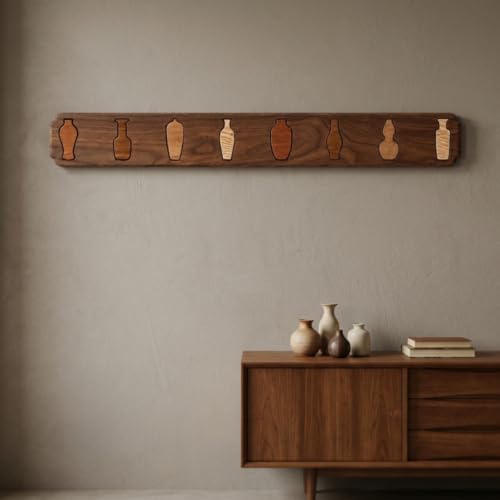 Fenteer Wall Hook Coat Rack Hanger Peg Rail Solid Wood Foldable Hooks Peg Design With Engraved Bottle Shapes Suitable for entryway hallway foyer mudroom cabin, Art Antique Bottle 8 Hooks Color Block