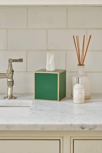 Jaye's Studio Decorative Tissue Box Covers, Green Square Metal Gold Cube | Matte Hand-Painted Finish, Fits Standard Facial Holders, Polished Trim, Open Bottom, Study Powder Room Use - color: Emerald Green
