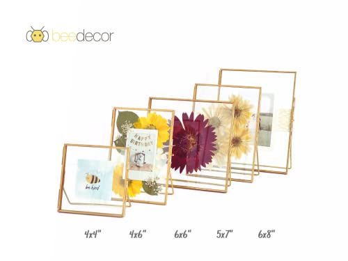 Beedecor Double Glass Frame for Pressed Flowers, Leaf and Artwork Set of 3 Pressed Flower Frames with Stand - 6x6, 5x7 and 6x8 Gold Standing Square Metal Picture Frames, Tabletop Clear Floating Pressed Glass Frame, Home Decor Photo Display (Gold, Set of 3