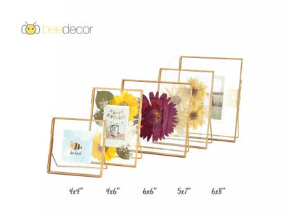 Beedecor Double Glass Frame for Pressed Flowers, Leaf and Artwork Set of 3 Pressed Flower Frames with Stand - 6x6, 5x7 and 6x8 Gold Standing Square Metal Picture Frames, Tabletop Clear Floating Pressed Glass Frame, Home Decor Photo Display (Gold, Set of 3