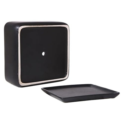 MyGift Black Ceramic Square Indoor Planter with Drainage Hole & Tray | Modern square ceramic planter adds sleek style to small plants and succulents, with a drainage hole and removable drip tray - color: Black