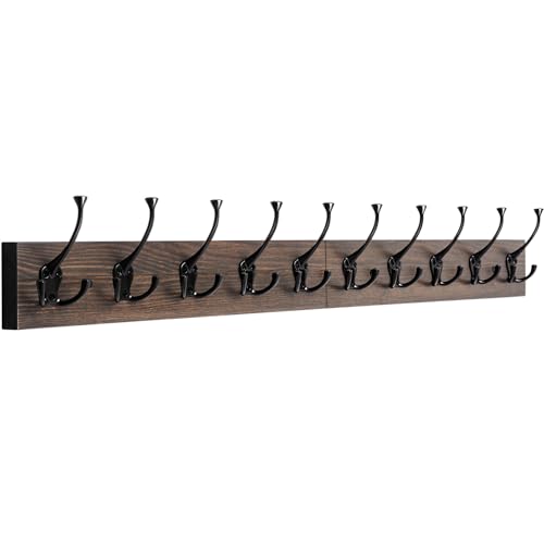 IBosins Vintage Wall Mounted Coat Rack, 34" Long with 10 Black Tri-Hooks | Coat Hanger Wall Mount,10 Rustic Coat Hooks Rail for Entryway, Living Room, Coat, Scarf, Bag ,Towel, Hat - color: Old Wood Plate & Black Tri-Hook, size: 1 Item-10 Hooks