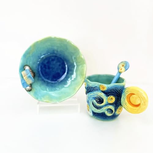 Ceramic Starry Sky Coffee Mug and Saucer set with Spoon,3D Handmade and Hand-painted Tea Mug, 6OZ