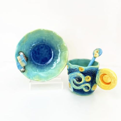 Ceramic Starry Sky Coffee Mug and Saucer set with Spoon,3D Handmade and Hand-painted Tea Mug, 6OZ