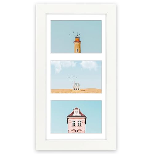 Golden State Art Collage Picture Frame 7x14 Matted 3 4x6 Photos Wood White | Clear Real Glass Cover and White Mat, Horizontal & Vertical Display Multi Prints For Gallery Wall, Home Decor & Holiday Gift - color: White With White Mat, size: 1 Pack