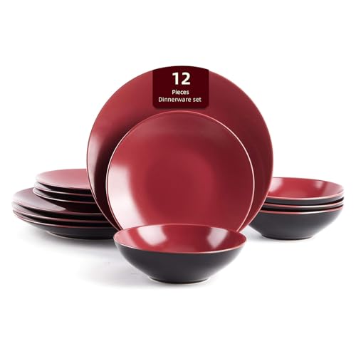 HomeVss Colors Life 12pc Dinnerware Set, Shiny Black and Matte Berry - color: Berry, size: 12pc Set