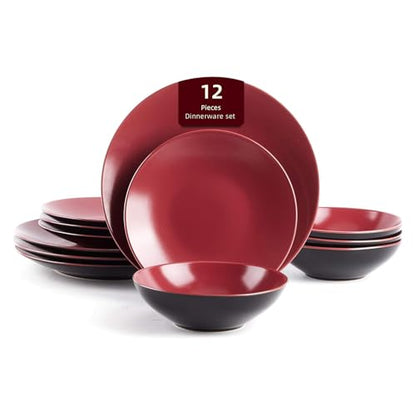 HomeVss Colors Life 12pc Dinnerware Set, Shiny Black and Matte Berry - color: Berry, size: 12pc Set