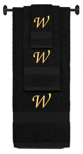 Monogrammed Bath, Hand, Washcloth Cotton Towel Set, Personalized Gift 3Pc-W - color: Black & Gold, size: Initial W