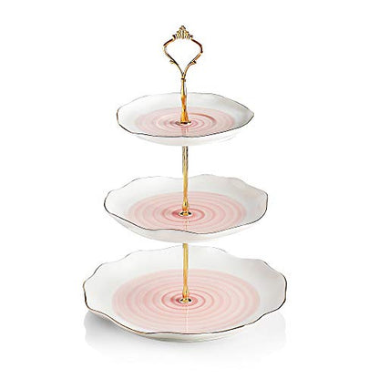 Sweejar 3 Tier Ceramic Cake Stand,Dessert Stand,Cupcake Stand,Tea Party Pastry Serving Platter,Food Display Stand for Tea/Coffee/Birthday/Wedding/Women/Afternoon/Gift - Pink - color: Watercolor Pink
