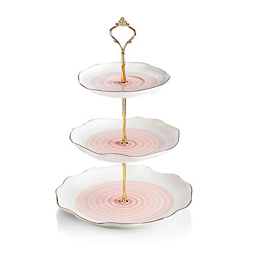 Sweejar 3 Tier Ceramic Cake Stand,Dessert Stand,Cupcake Stand,Tea Party Pastry Serving Platter,Food Display Stand for Tea/Coffee/Birthday/Wedding/Women/Afternoon/Gift - Pink - color: Watercolor Pink