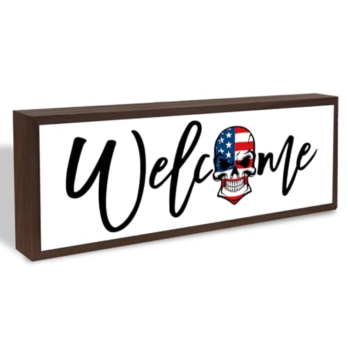 Welcome Wood Home Decor Signs, Welcome Skull Wood Plaque, Home Tabletop Desk Decorative Sign, Rustic Farmhouse Shelf Decor Sign, Hanging Decorative Wooden Plaque 9.5x3.1 Inches(A21) - color: welcome 21