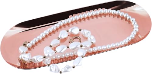Dnyta 2Pcs Stainless Steel Decorative Tray, Decor Jewelry Dish Rose Gold | Bathroom Decor Makeup Serving Trays Cosmetics Home Decor for Dresser, Keys Watch Wallet Trinket (9"x3.7", Oval, Rose Gold) - style: Oval rose gold style (2pcs)