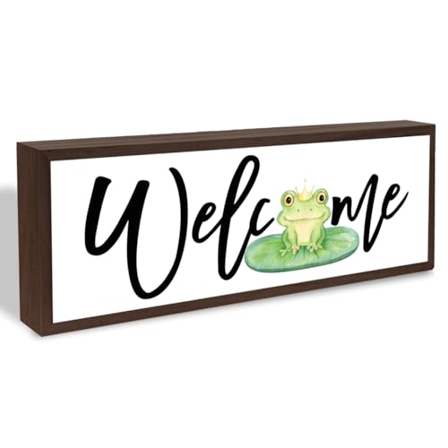 Welcome Wood Home Decor Signs, Welcome Frog Wood Plaque, Home Tabletop Desk Decorative Sign, Cute Baby Frog Decor Sign For Nursery, Hanging Decorative Wooden Plaque 9.5x3.1 Inches(A8) - color: welcome 09
