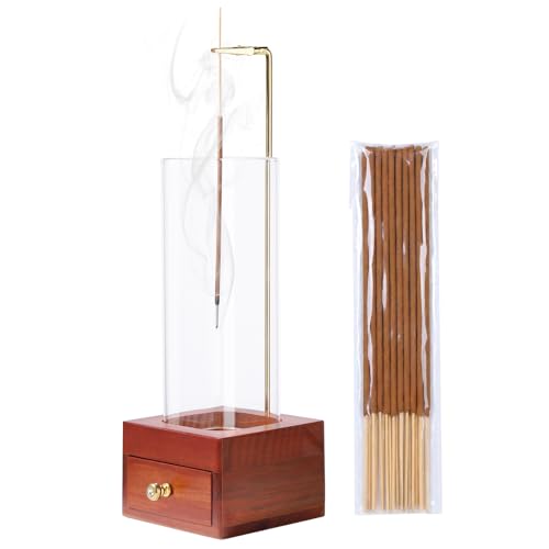 Brown Wooden Incense Holder with Easy-Clean Ash Catcher Drawer, Vertical Incense Burner with Windproof Glass Tube & Stainless Steel Base for Meditation, Includes 20 Sticks