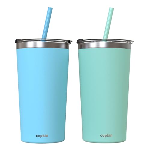 CUPKIN Stainless Steel Insulated Tumbler with Lid and Straw, 20 oz Stainless Steel Cups, Set of 2 Travel Coffee Mug for Adults, Iced Coffee Cup with Lid, Tumbler for Travel (Blue + Green) - color: Blue + Green, size: 20 Fl Oz (Pack of 2)