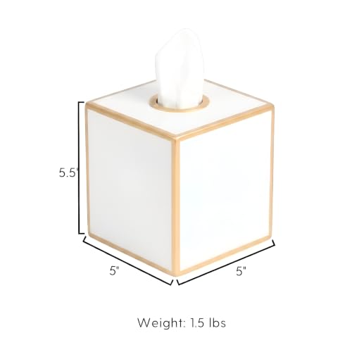 Jaye's Studio White Tissue Box Cover, Square Metal Gold Cube for Bathroom | Matte Hand-Painted Finish, Fits Facial Holders, Polished Trim, Open Bottom, Nursery Vanity Desk - color: White