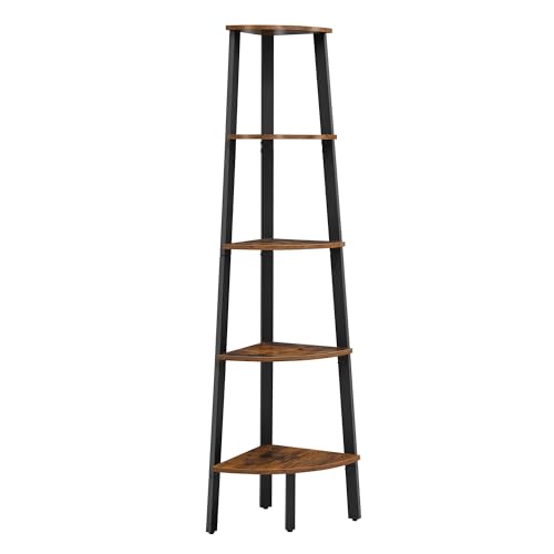 VASAGLE Corner Shelf Stand, 5-Tier Corner Bookshelf, Industrial Ladder Shelf, Plant Stand for Living Room, Office, Kitchen, Rustic Brown and Black ULLS35X - color: Rustic Brown + Black, size: 5 Tiers (14.6"D x 14.6"W), style: Particleboard