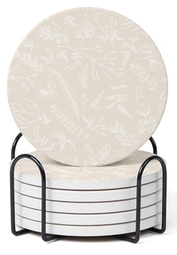 Set of 6 Floral Beige Coasters with Holder, Absorbent Ceramic Drink Coasters with Cork Backing for Table Protection, Coffee Table Décor - color: Beige