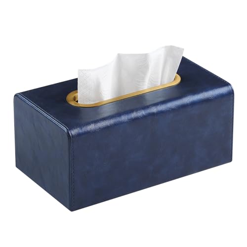 Rectangle Tissue Box Cover for Boxes Up to 3.9" Tall, Navy Blue | Luxury PU Leather Tissue Holder with Gold Tone Metal Opening, Decorative Rectangular Tissue Cover with Magnetic Closure - color: Rectangle Blue - Fits ≤3.9" Tall Boxes